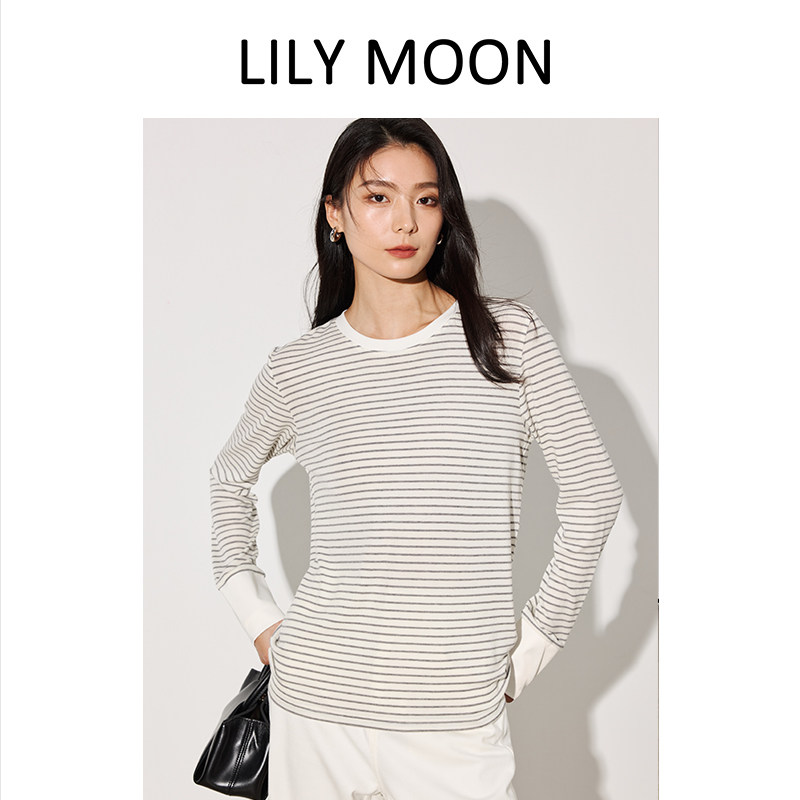 【新品】LILYMOON天丝羊毛条纹衬衫袖女宽松长袖T恤春款上衣打底