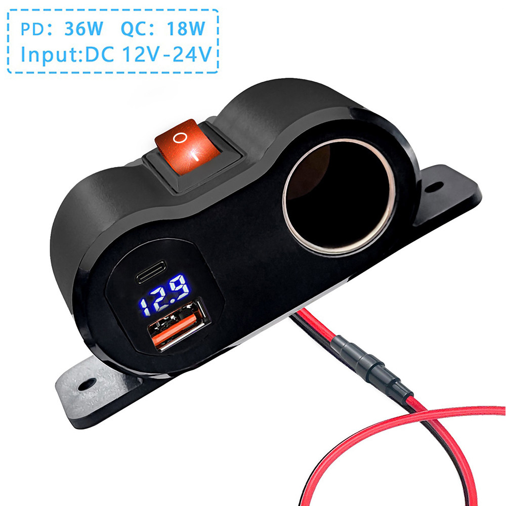 新款组合QC3.0+PD双USB车充点烟器取电15A过载保护器快速充电器