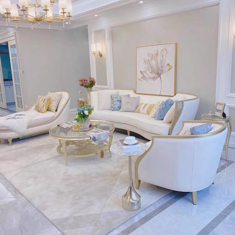 美式轻奢实木沙发现代简约客厅布艺沙发茶几组合弧形沙发来图制作