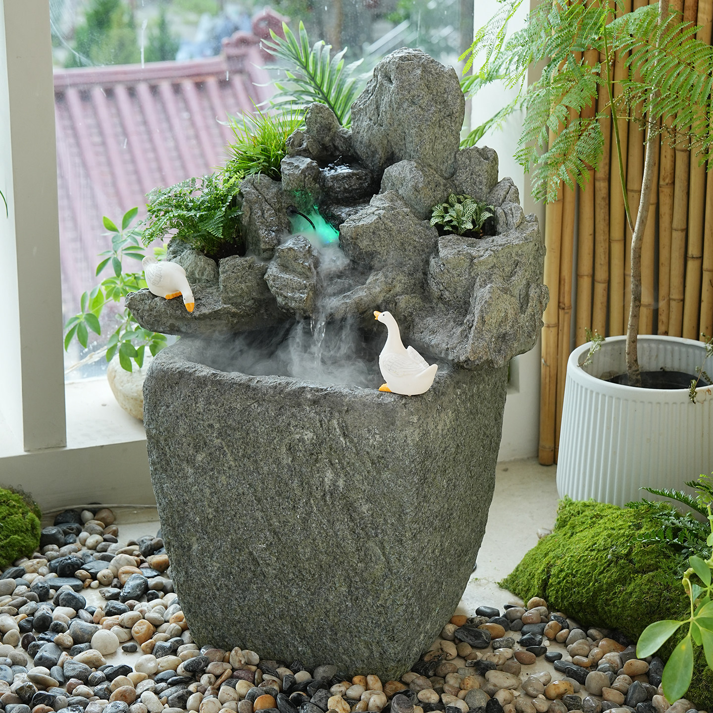 古法鱼池假山喷泉招财风水摆件
