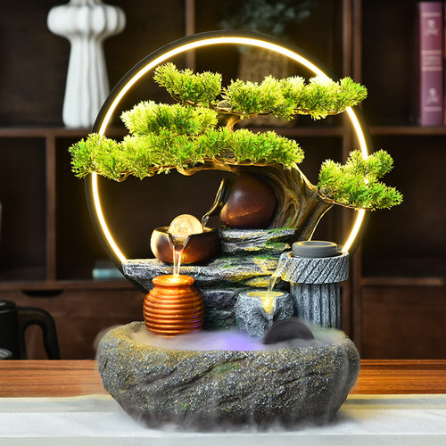 招财盆景假山流水喷泉摆件办公室客厅桌面风水轮装饰公司开 业礼
