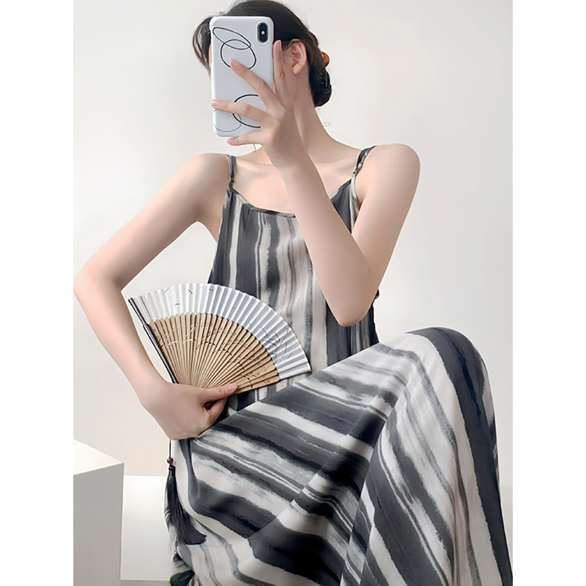 浪莎吊带棉绸睡裙连衣裙扎染风长裙子新中式2025夏季海边沙滩度假