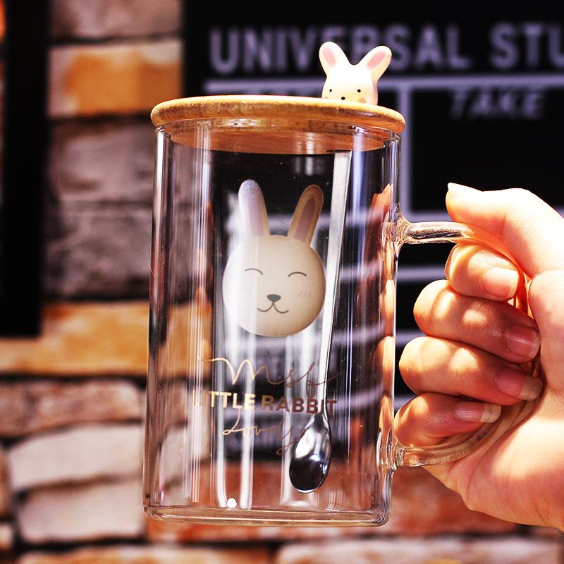 兔子水杯玻璃杯带盖带勺创意大容量女可爱吸管成人早餐牛奶杯日式