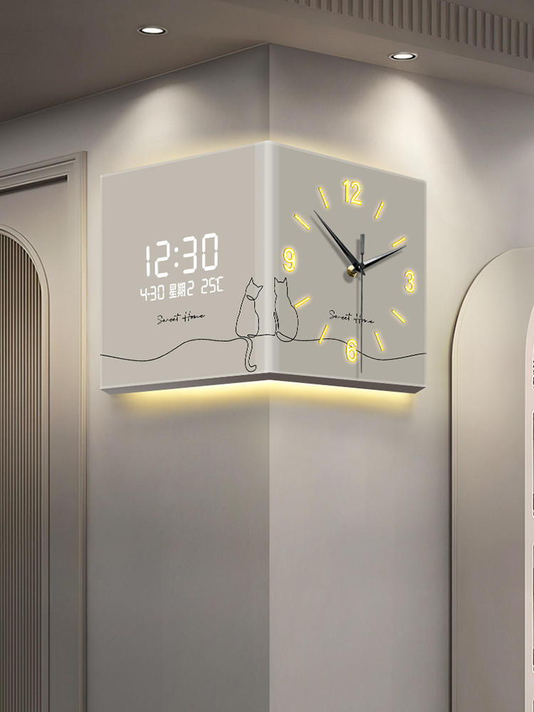 简约现代挂钟客厅转角双面时钟极简数显电子钟表挂画锂电池长续航