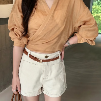 法式高级感v领长袖亚麻衬衫女