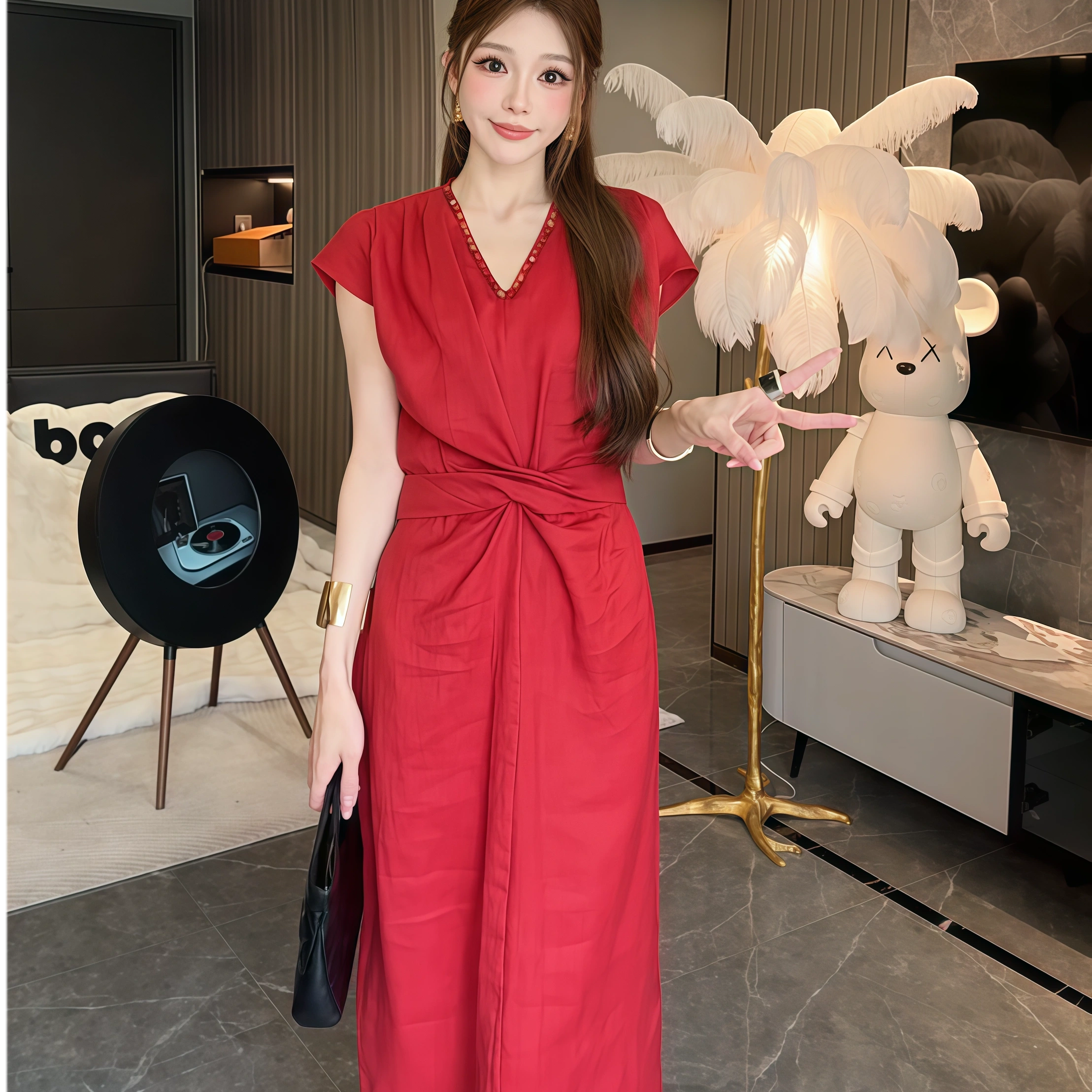 法式重工钉珠v领亚麻连衣裙2025新款夏季设计感收腰扭结漂亮裙子