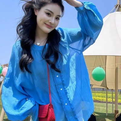 法式复古克莱因蓝亚麻衬衫