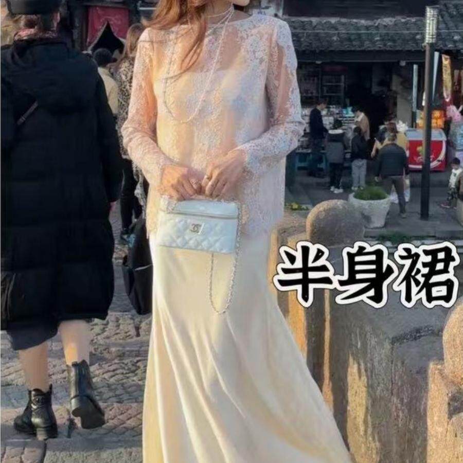 法式气质镂空长袖罩衫上衣2025春夏新款不规则拼接蕾丝垂感半身裙