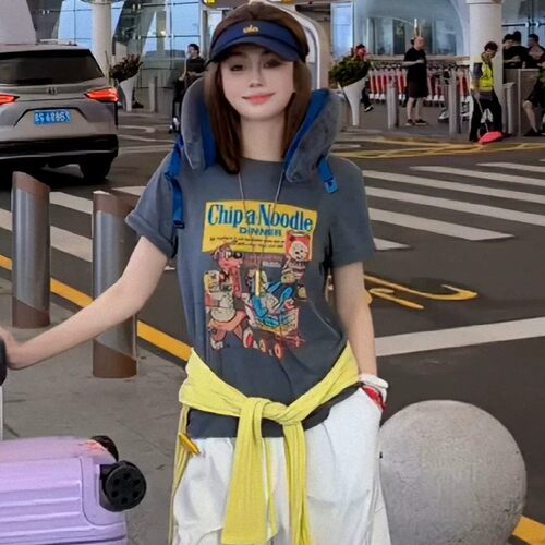 美式复古卡通印花正肩短袖T恤女