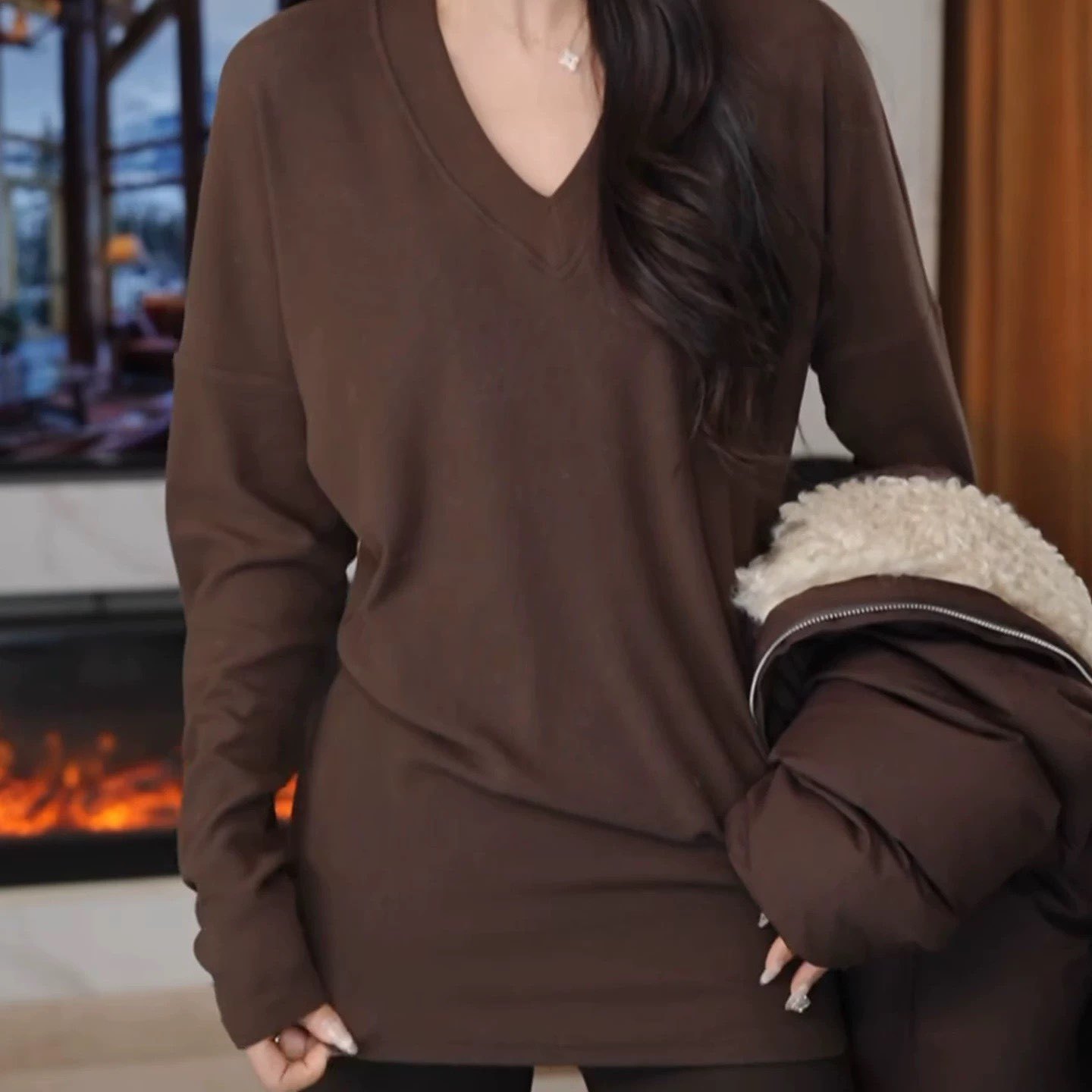 韩系中长款v领内搭打底衫女