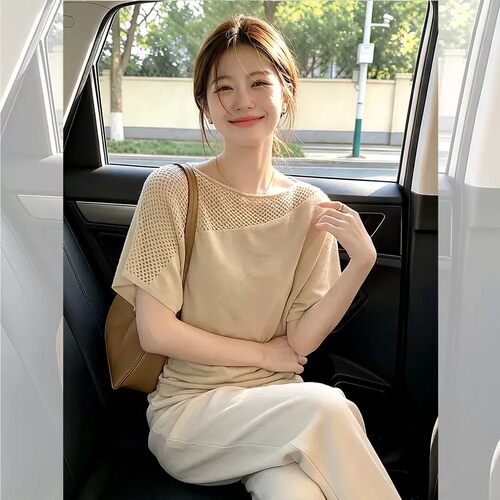韩系穿搭一字肩针织短袖t恤女款