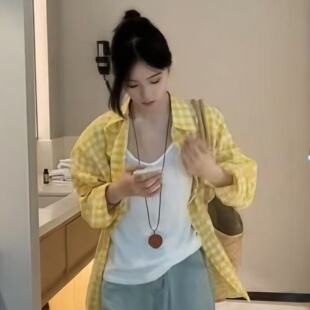 法式气质polo领黄色格子衬衫女款2025新款夏季宽松中长款休闲衬衣