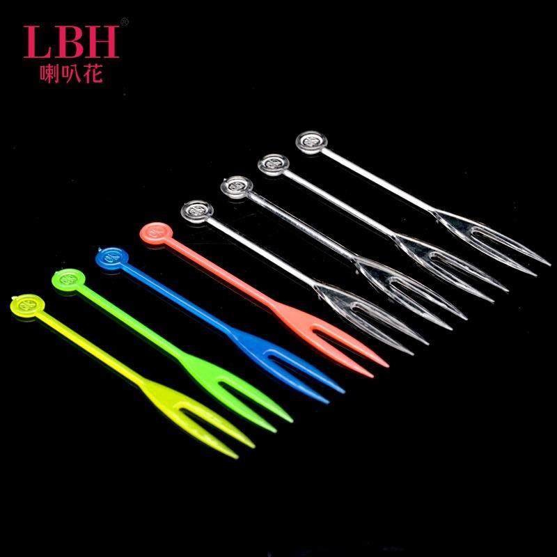 喇叭花酒店KTV塑料透明一次性水果叉 二指叉点心叉蛋糕叉4000支