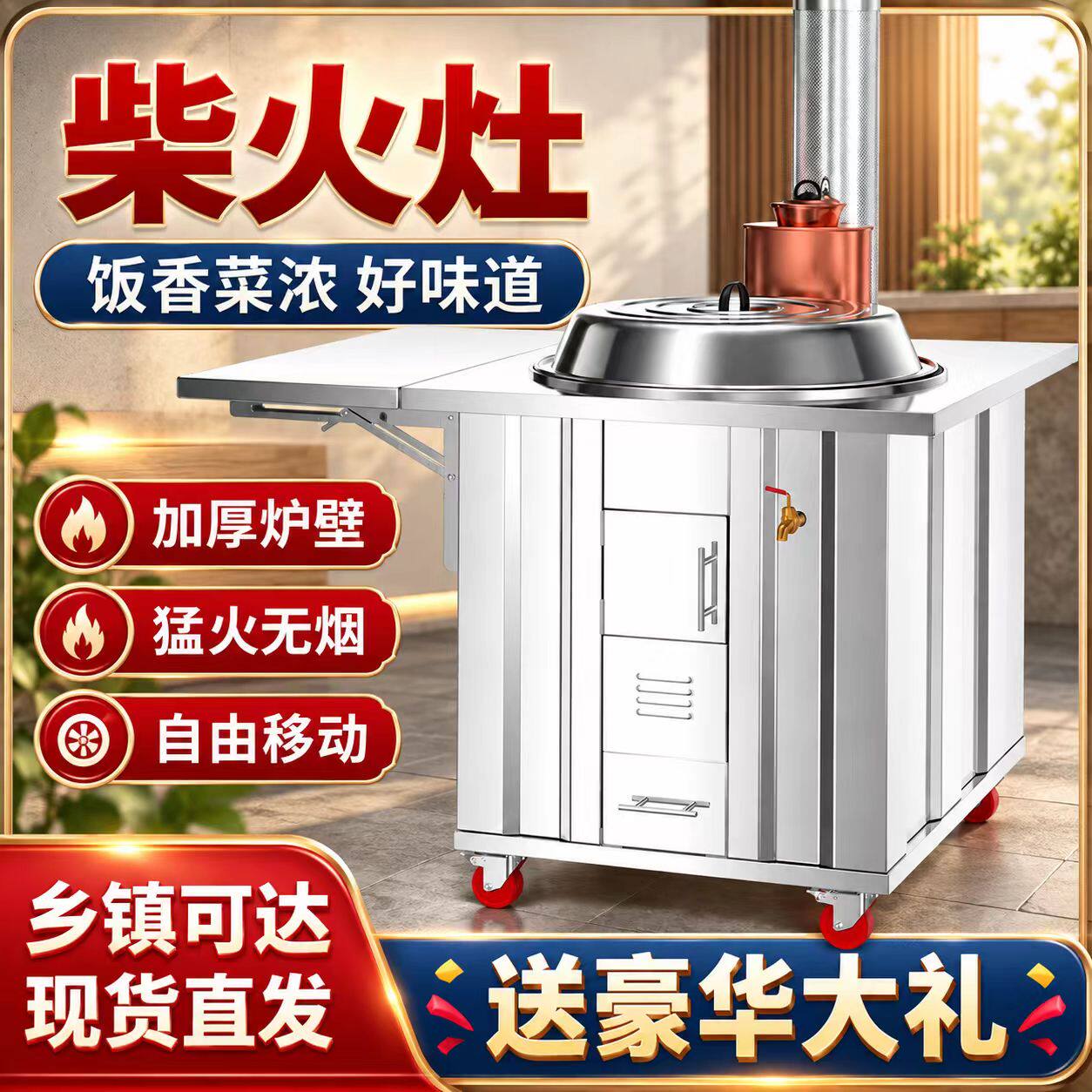 柴火灶家用烧木柴不锈钢大锅台2026新款农村移动无烟地锅土灶台炉