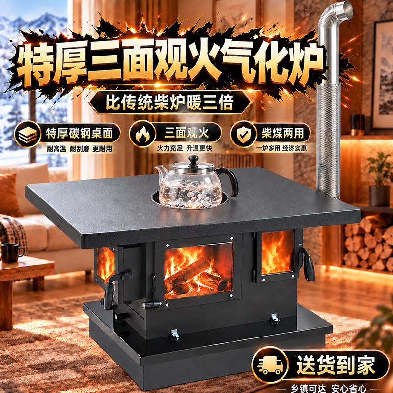 三面观火取暖炉家用无烟烤火炉烧柴煤碳两用室内柴火炉特厚铸铁炉
