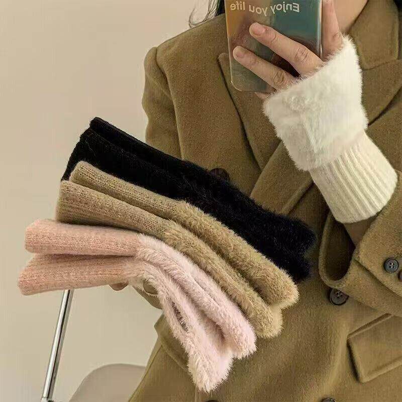 保暖毛线半指手套女冬季毛绒针织护手腕漏指百搭触控屏幕办公学生