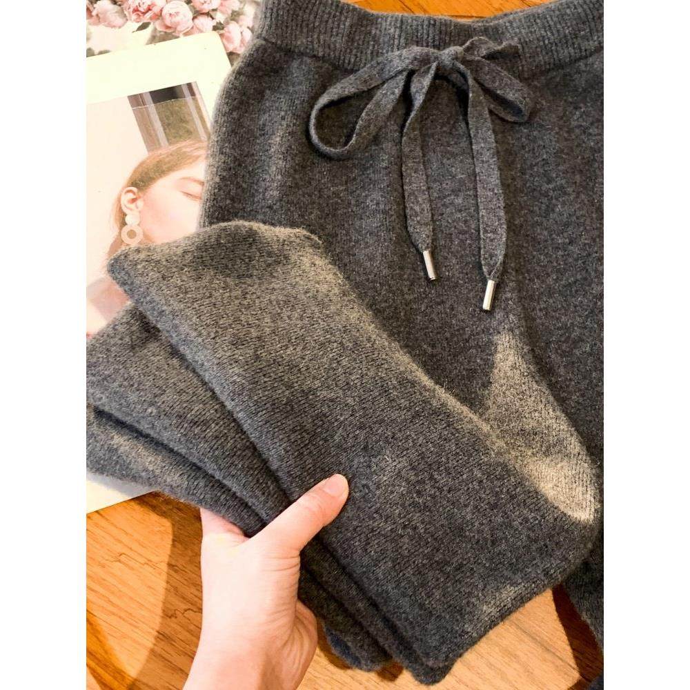 高端穿灰色加厚100%羊毛针织阔腿裤女士宽松休闲羊绒直筒裤,女装/女士精品,休闲裤,淘宝优惠券,粉丝福利购,淘宝优惠卷