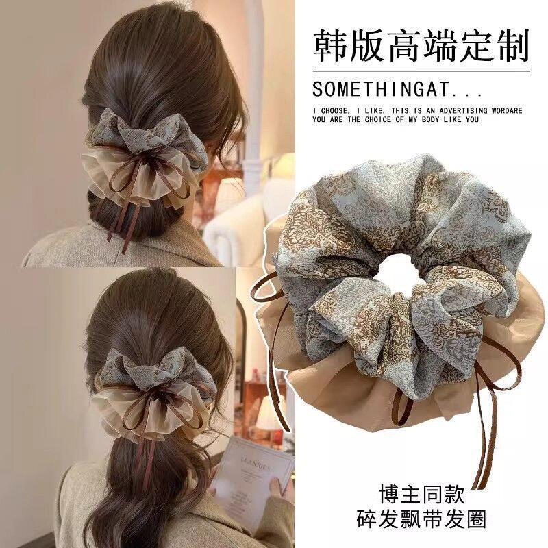 新款韩系高端碎花飘带大肠发圈女丸子头发圈扎头发绳头花发饰发箍