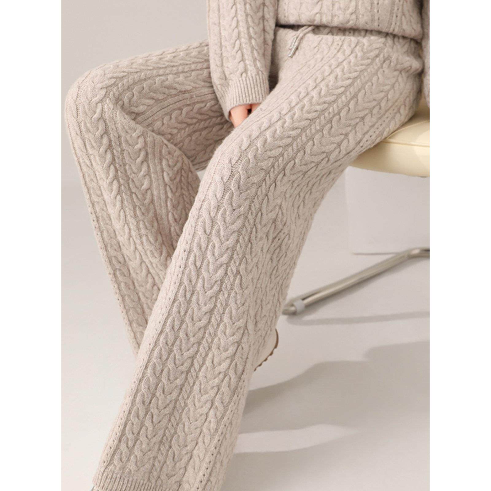 100%羊毛阔腿裤女套装针织休闲两件套时尚垂感加厚外穿直筒拖地裤