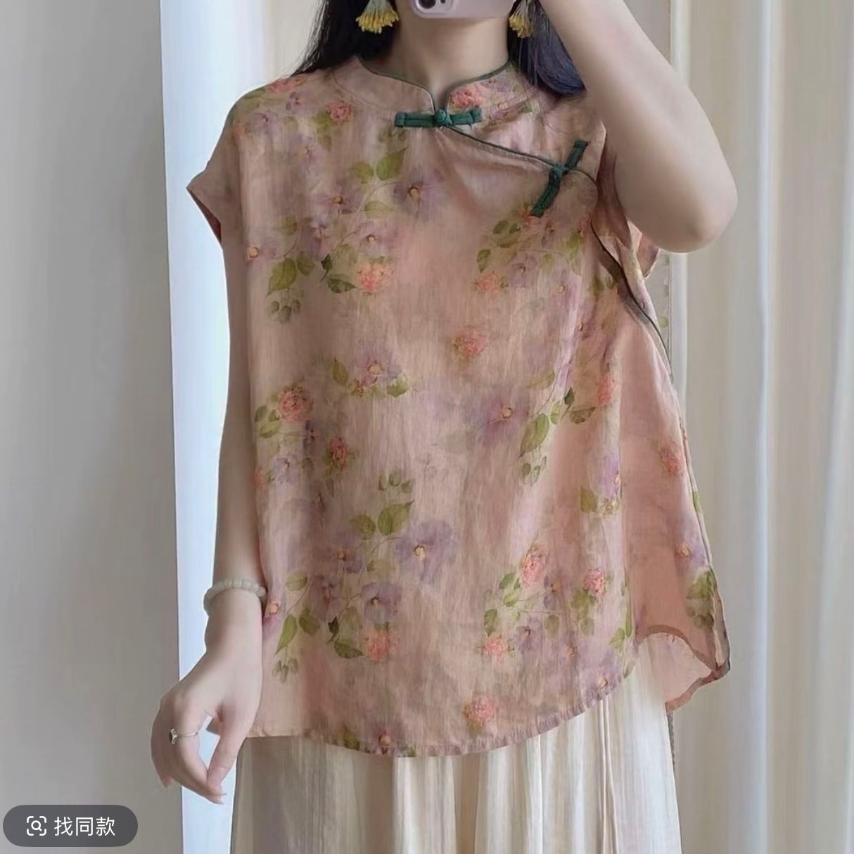 夏季新中式印花无袖衬衫女