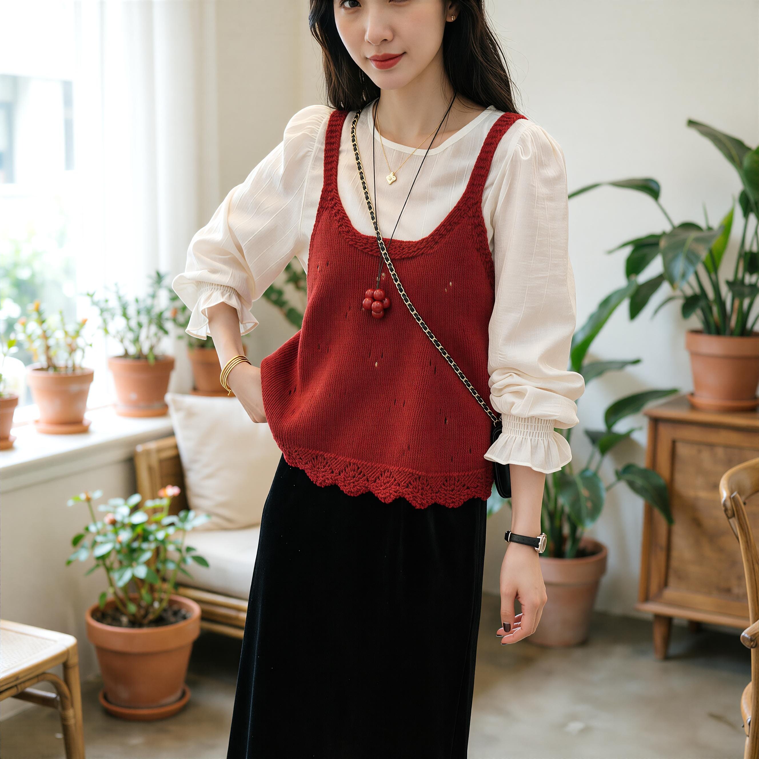 韩系镂空针织吊带背心叠穿长袖衬衫两件套女春秋新款甜美套装