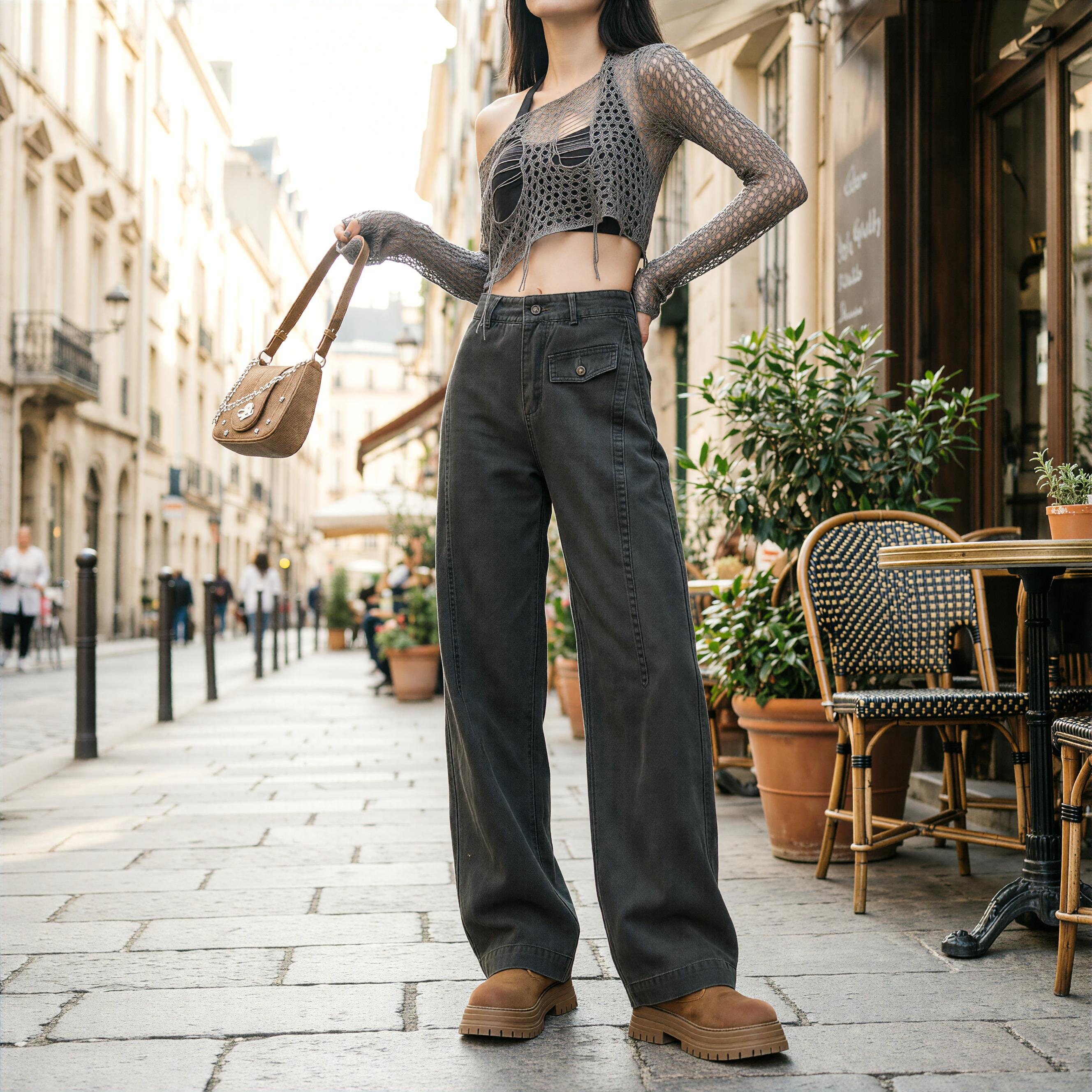 军绿色美式工装裤女款春季2026新款胖mm高腰宽松直筒阔腿牛仔裤子