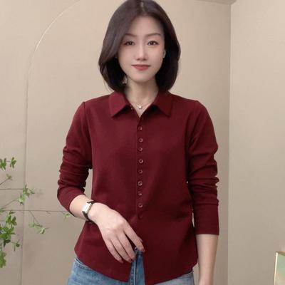 气质翻领纯色长袖衬衫女