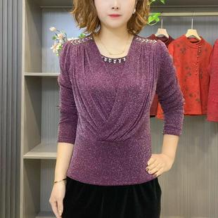 通勤风圆领串珠长袖 加厚百搭洋气亮丽套头显瘦上衣 T恤女秋冬款