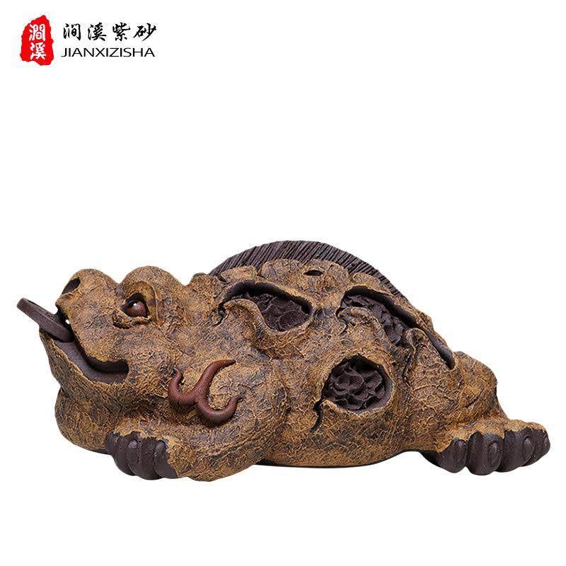 涧溪宜兴原矿紫砂茶宠名家陈洪军龙背树皮金蟾茶道配件雕塑摆件