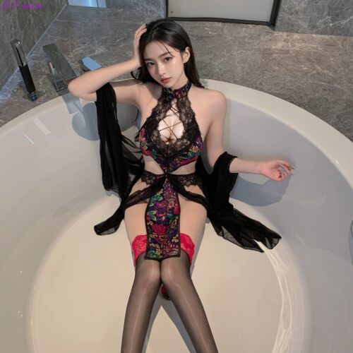 新中式西域蕾丝透视V领旗袍睡裙