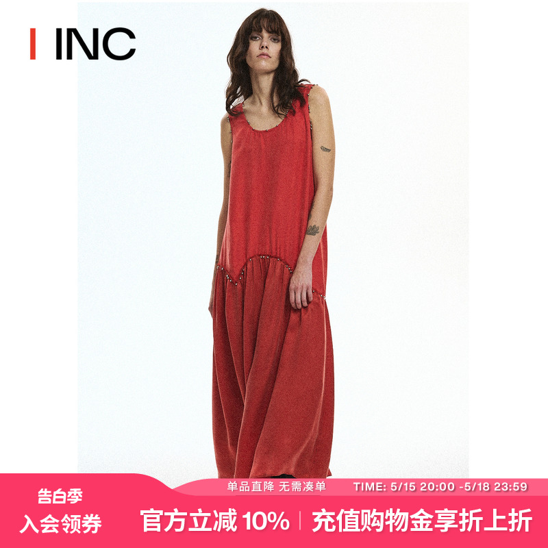 NEANT IINC 24SS铜氨丝红撞色毛边腰线铃铛连衣裙 吴昕同款 女装/女士精品 连衣裙 原图主图