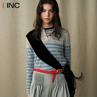 翻领拼色条纹T恤IINC 女25AW秋冬新款 MARCHEN 微妙情绪线条POLO衫