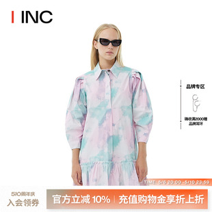 【GANNI 设计师品牌】IINC 24SS新款印花衬衫领百褶裙边连衣裙女