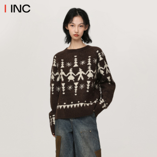 ECRIVAIN 提花上衣IINC 新款 圓領(lǐng)針織毛衣跳舞小人兒女25AW秋季