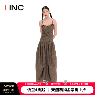 IINC 春夏经典 ETHOR设计师品牌 格纹收腰抽褶花苞抹胸吊带长裙