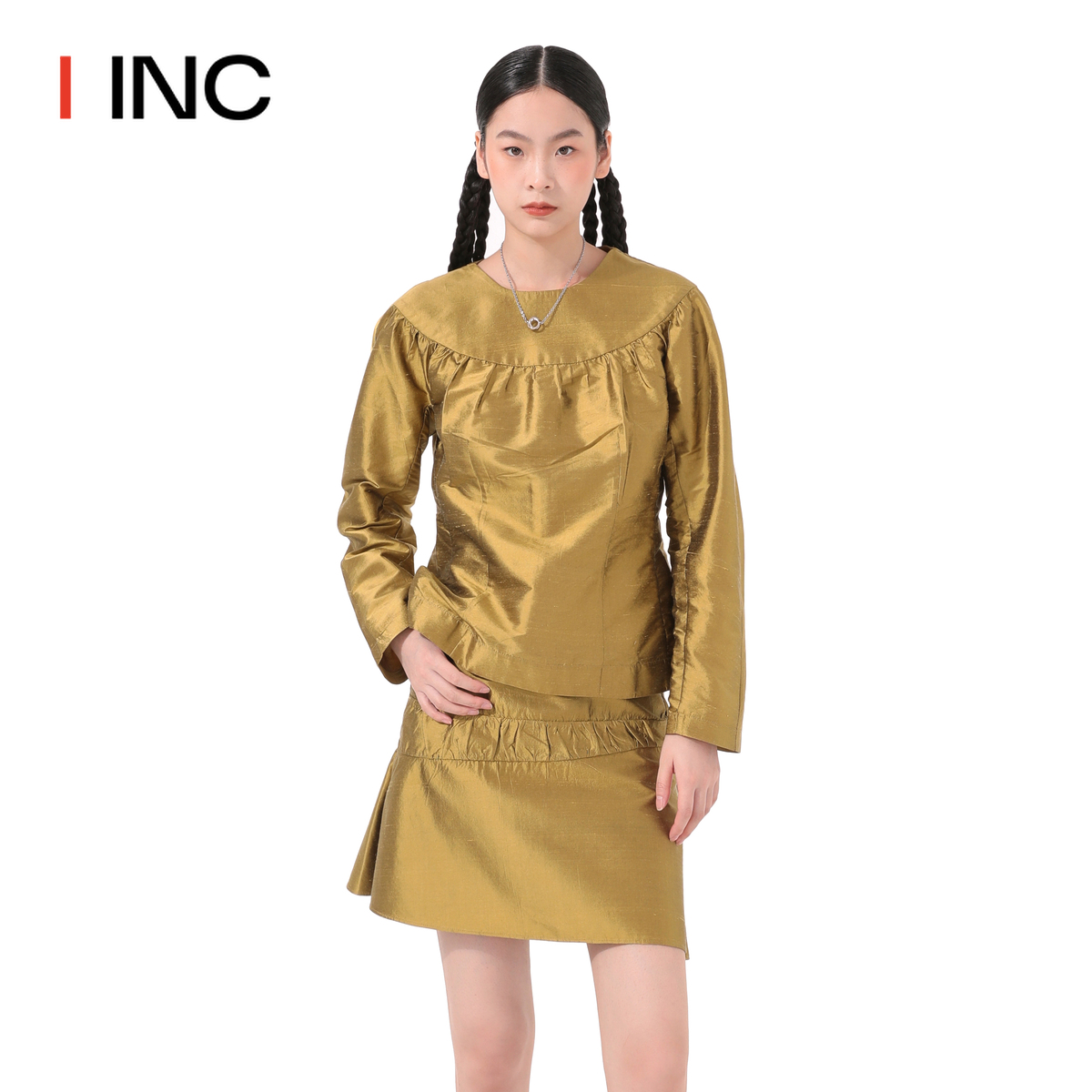 【ZHUU DA设计师品牌】IINC23AW新款抽褶设计连袖金色上衣女