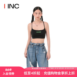 GANNI设计师品牌 23PF黑色修身 LOGO吊带上衣 IINC