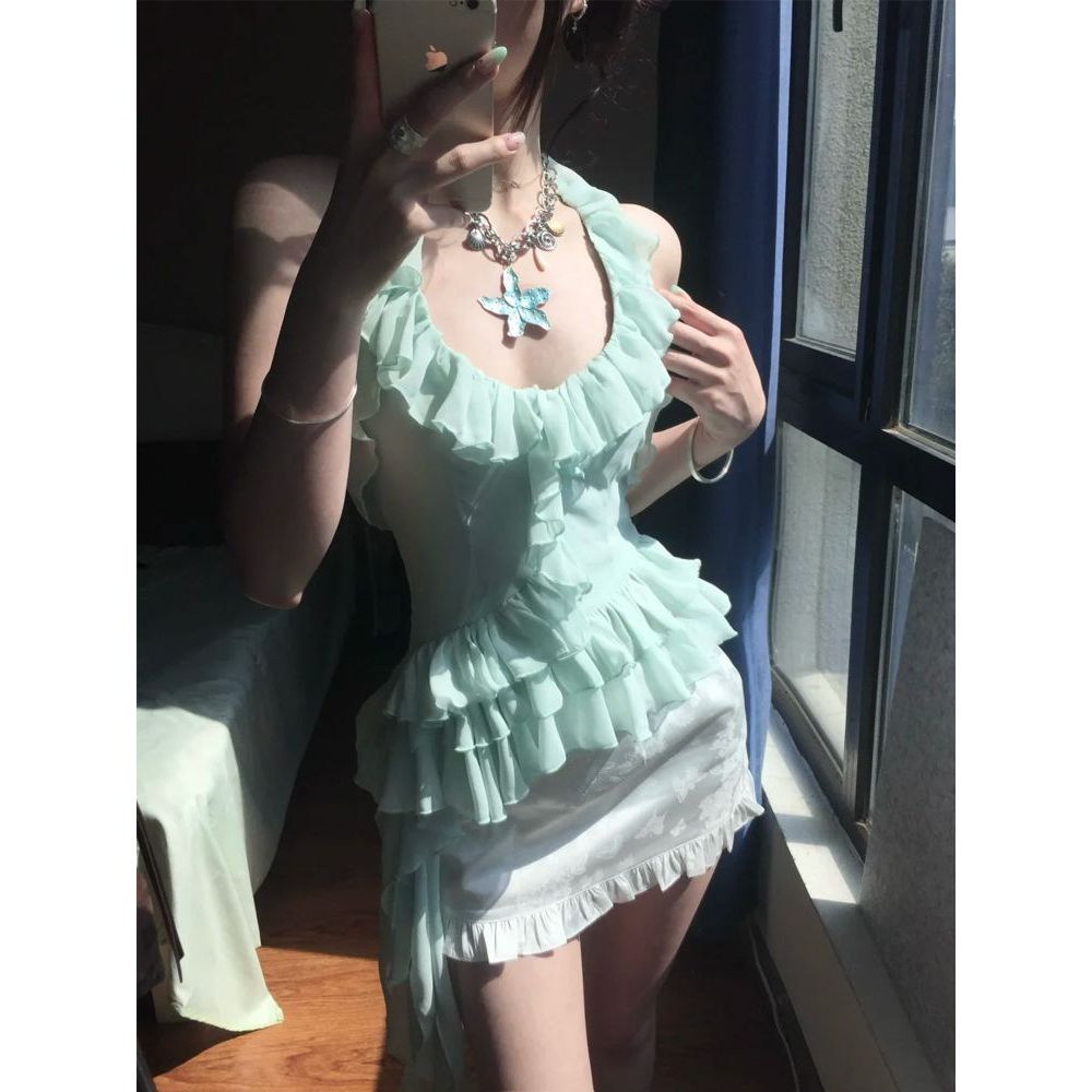 薄荷夏日间 古早感轻亚千金套装夏季新款辣妹风挂脖上衣半裙套装