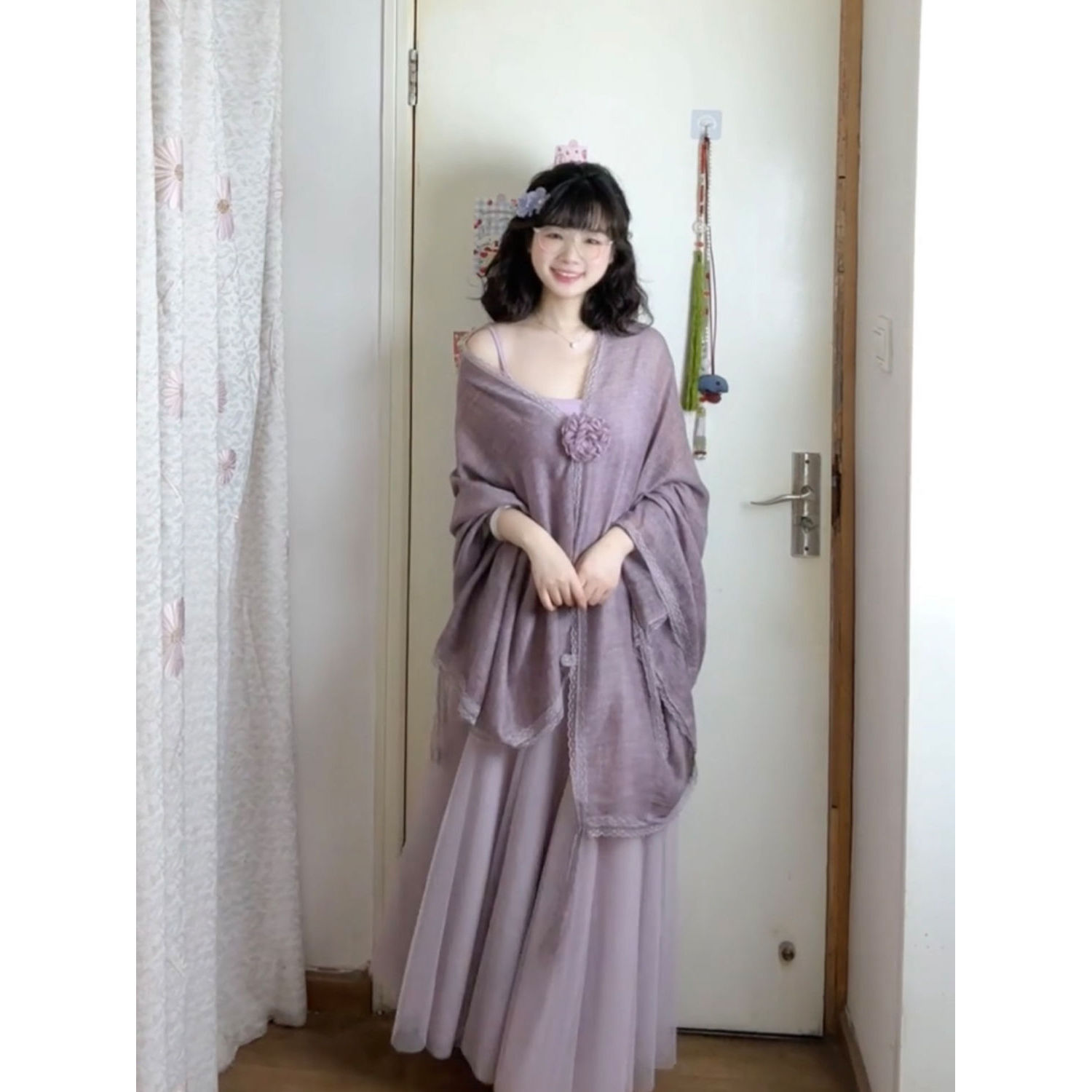 遐迩如梦 新中式温柔紫色披肩+纱裙长半裙+吊带套装气质三件套装