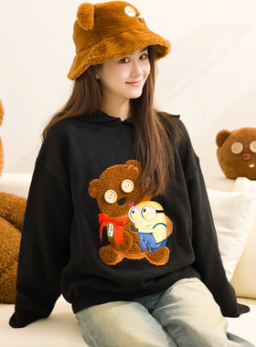 【直播专属】环球影业小黄人BOB+TIM黑色绒绒毛衣冬季套头棉衣