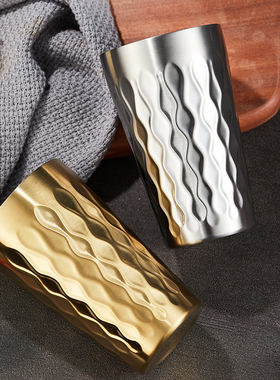 304不锈钢水杯 韩式钻石锤纹双层金色水杯烤肉餐厅啤酒饮料果汁杯