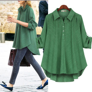 女装 宽松显瘦中长版 欧美风双色面料长袖 大尺码 百搭上 衬衫 春秋新款
