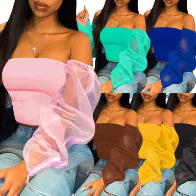 Women Off Shoulder Sexy Blouses Long Sleeve Crop Top Shirt