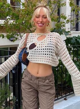Women Y2K Hollow Out Cropped Knit Smock Top Vintage Loose