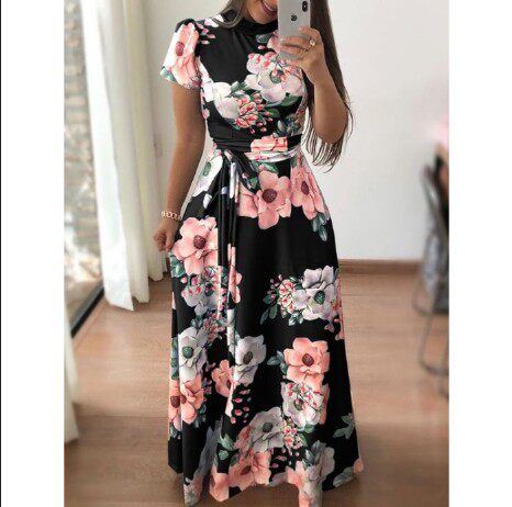 欧洲站新款修身印花时尚绑带短袖连衣裙 花色长裙 A long dress