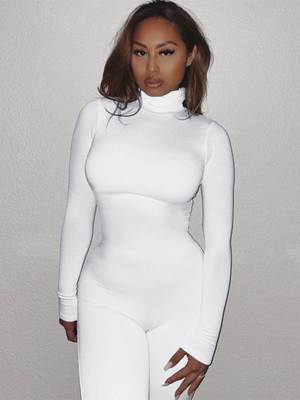 欧美外贸女装时髦辣妹性感紧身健身瑜伽高领长袖一体长裤连体裤女