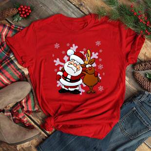Cute Santa Claus with Deer Graphic Tee Shirt Merry