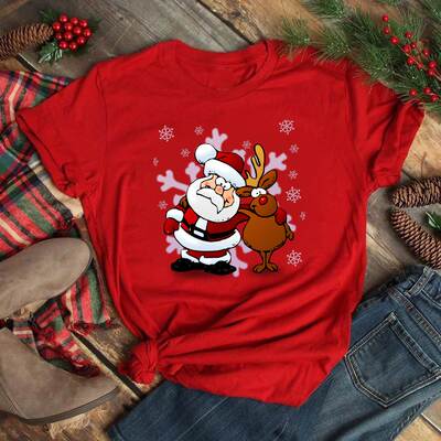 Cute Santa Claus with Deer Graphic Tee Shirt Merry