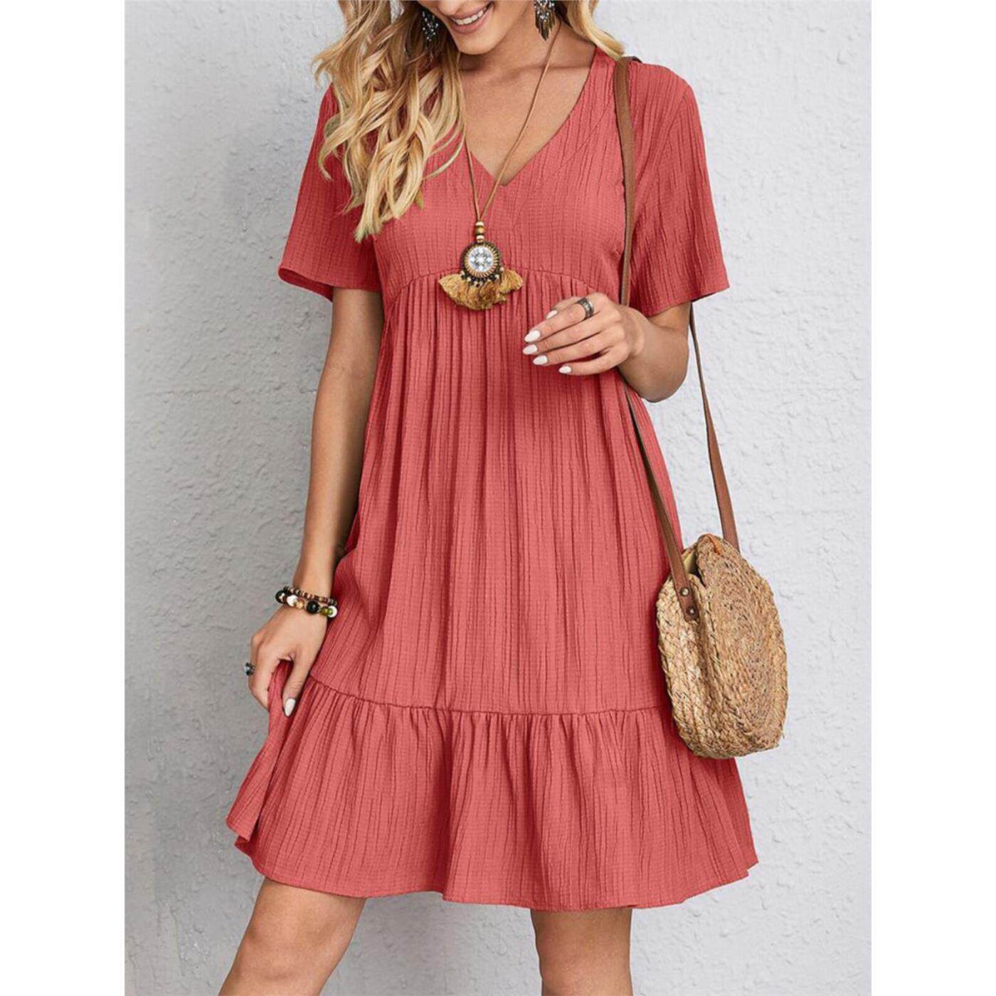Summer Women Short Sleeve Mini Dress Ladies Solid Dresses女