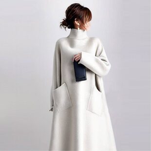 日韩秋冬新品 打底 跨境高领呢子纯色A字宽松口袋休闲呢子外套长款
